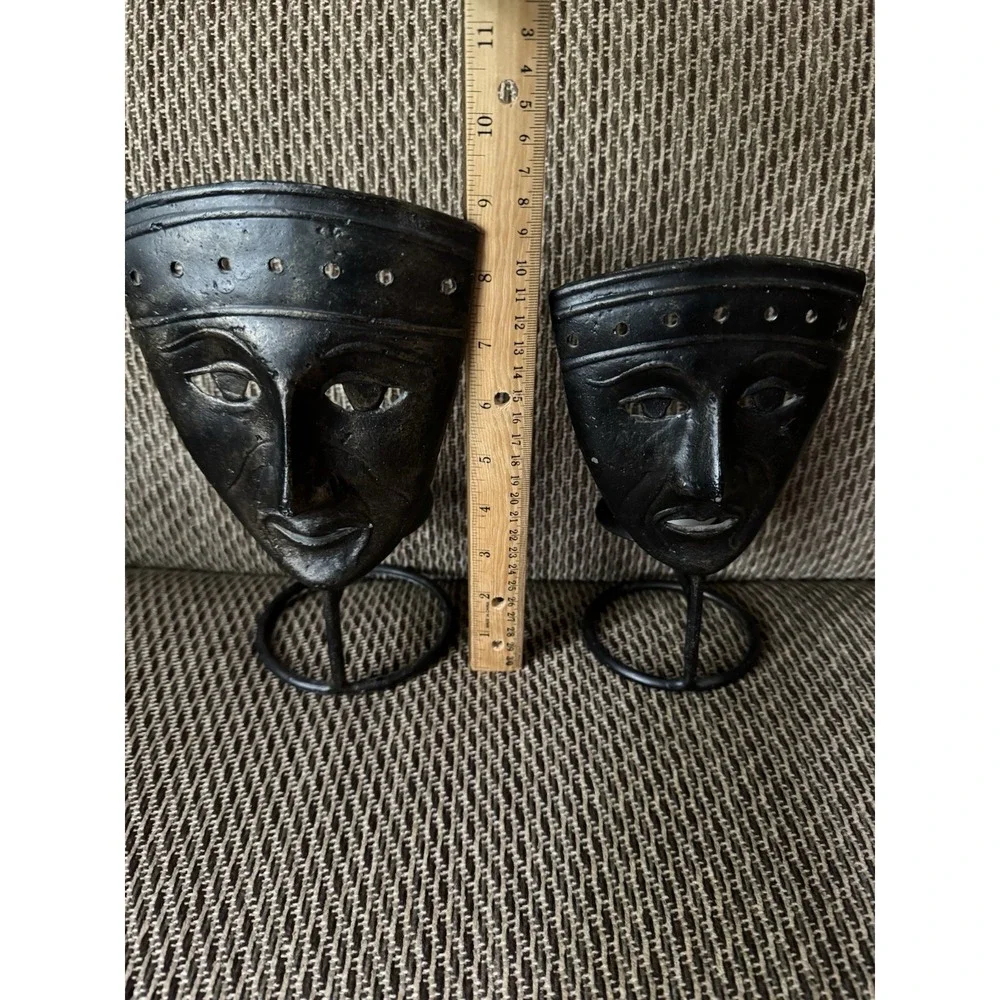 Vintage Style Cast Iron Tribal Face Mask Votive Candle Holders Set‎ Rustic Decor